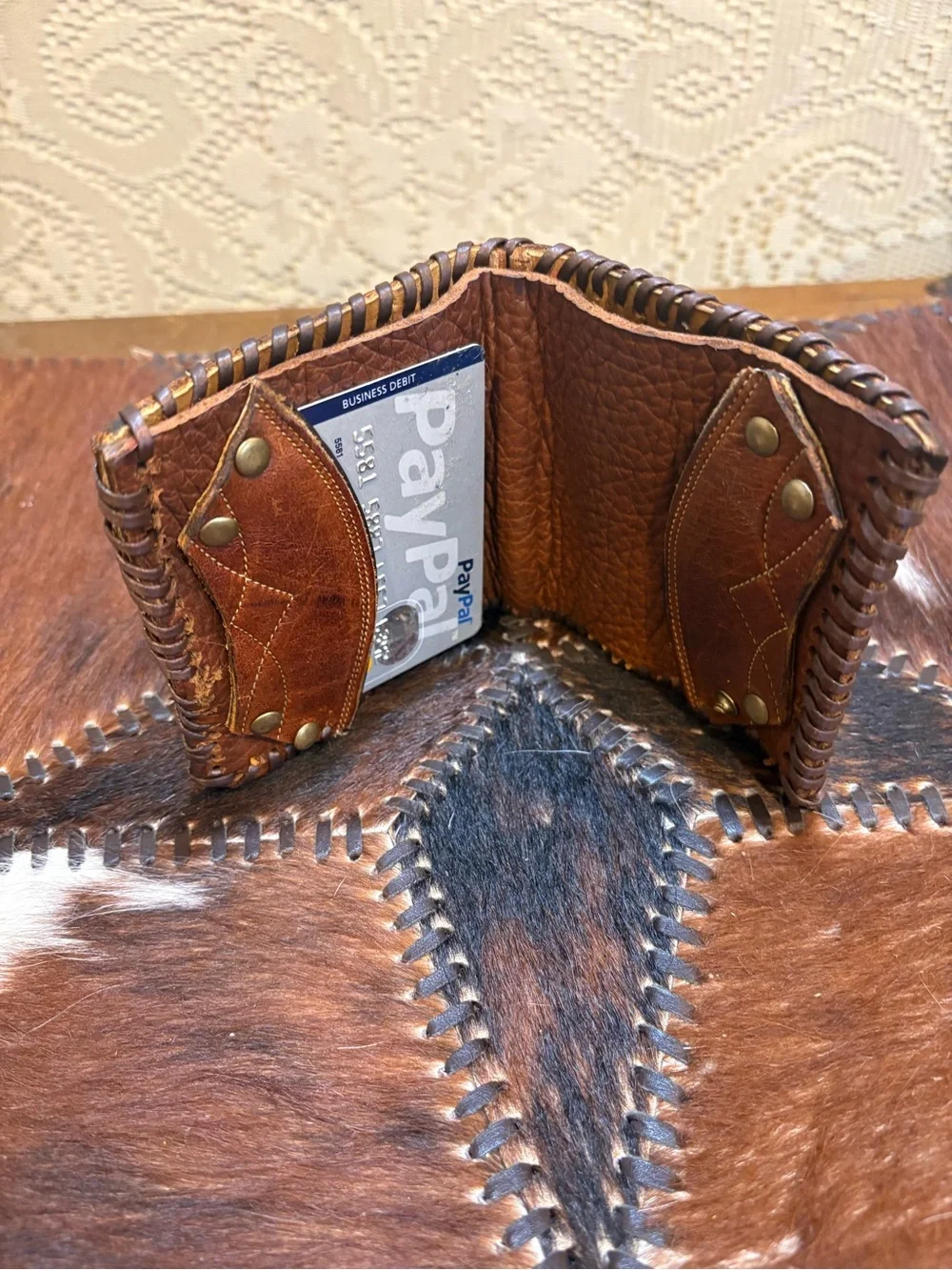 Vintage Brown Leather Cowboy Boot Bifold Wallet with Brass Accent